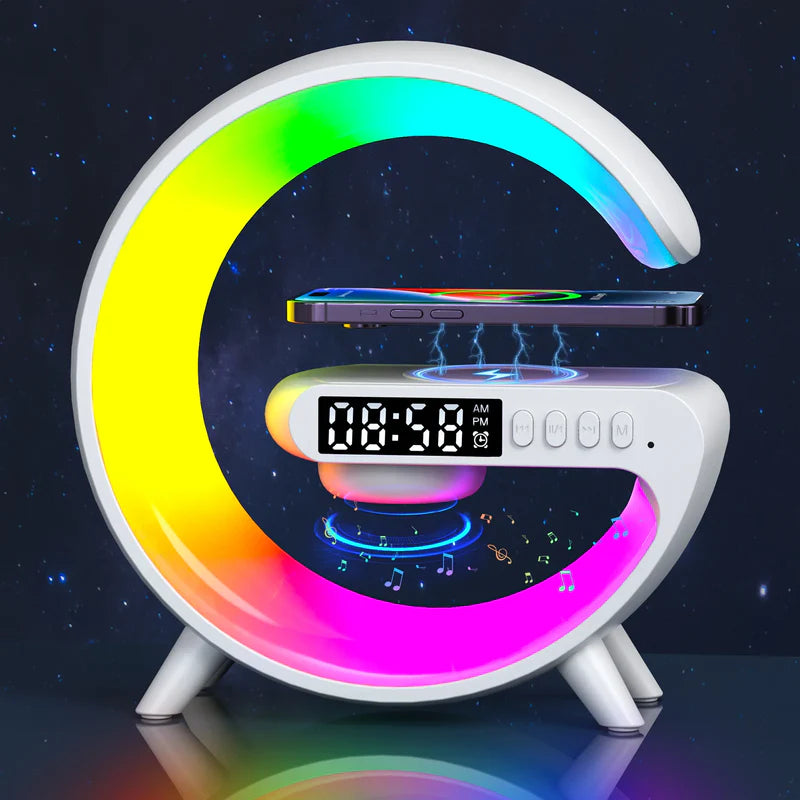 G-Shaped RGB Atmosphere Lamp with 15W Wireless Charger, Bluetooth Speaker, Alarm Clock &amp; Desk Light for Bedside &amp; Room Décor| 10-Year Warranty