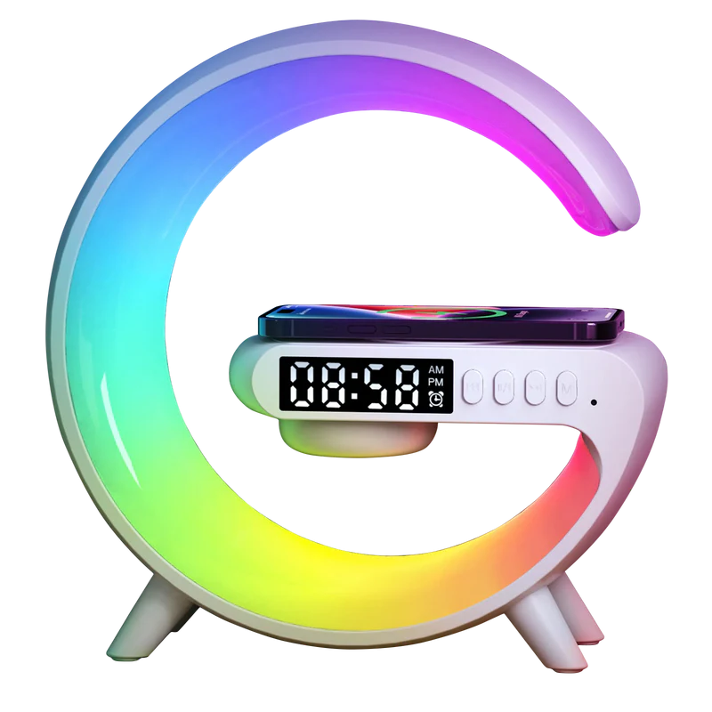 G-Shaped RGB Atmosphere Lamp with 15W Wireless Charger, Bluetooth Speaker, Alarm Clock &amp; Desk Light for Bedside &amp; Room Décor| 10-Year Warranty
